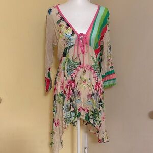 Boho Floral Drawstring Sundress with Pink & Green Accents